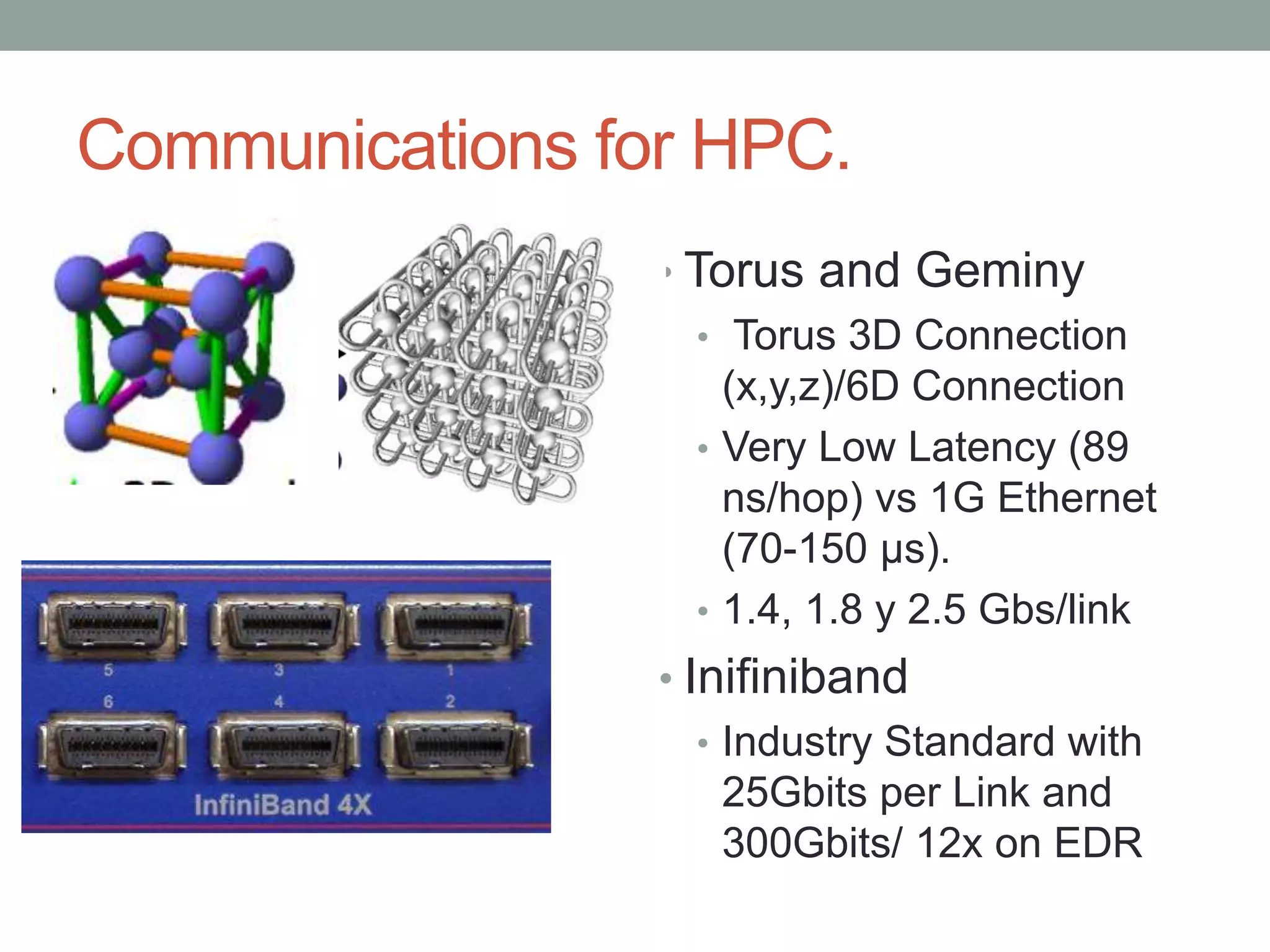 Communications for HPC.
• Torus and Geminy
• Torus 3D Connection
(x,y,z)/6D Connection
• Very Low Latency (89
ns/hop) vs 1G Ethernet
(70-150 µs).
• 1.4, 1.8 y 2.5 Gbs/link
• Inifiniband
• Industry Standard with
25Gbits per Link and
300Gbits/ 12x on EDR
 