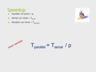 Speedup
 Number of cores = p
 Serial run-time = Tserial
 Parallel run-time = Tparallel
Tparallel = Tserial / p
 