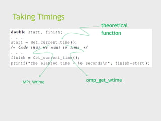 Taking Timings
theoretical
function
MPI_Wtime omp_get_wtime
 