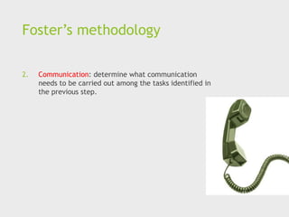 Foster’s methodology
2. Communication: determine what communication
needs to be carried out among the tasks identified in
the previous step.
 