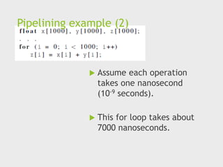 Pipelining example (2)
 Assume each operation
takes one nanosecond
(10-9 seconds).
 This for loop takes about
7000 nanoseconds.
 