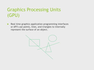 Graphics Processing Units
(GPU)
 Real time graphics application programming interfaces
or API’s use points, lines, and triangles to internally
represent the surface of an object.
 