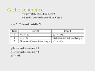 Cache coherence
x = 2; /* shared variable */
y0 privately owned by Core 0
y1 and z1 privately owned by Core 1
y0 eventually ends up = 2
y1 eventually ends up = 6
z1 = ???
 