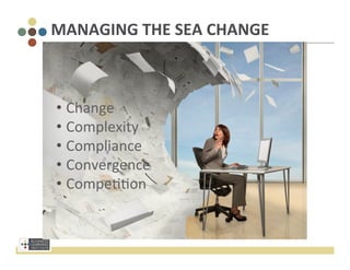 MANAGING	
  THE	
  SEA	
  CHANGE	
  



•  Change	
  
•  Complexity	
  
•  Compliance	
  
•  Convergence	
  
•  Compe33on	
  
 