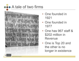 A tale of two firms
                          •  One founded in
                             1921
                          •  One founded in
                             1977
                          •  One has 967 staff &
                             $202 million in
                             Revenue
                          •  One is Top 20 and
                             the other is no
                             longer in existence
www.bizlearning.net	
  
 