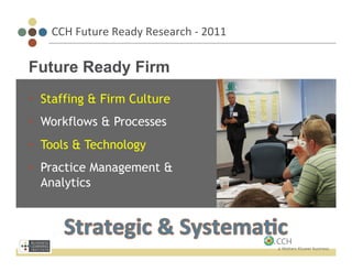 CCH	
  Future	
  Ready	
  Research	
  -­‐	
  2011	
  

Future Ready Firm
•  Staffing & Firm Culture
•  Workflows & Processes
•  Tools & Technology
•  Practice Management &
   Analytics
 