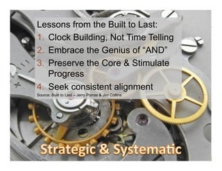 Lessons from the Built to Last:
1.  Clock Building, Not Time Telling
2.  Embrace the Genius of “AND”
3.  Preserve the Core & Stimulate
    Progress
4.  Seek consistent alignment
Source: Built to Last – Jerry Porras & Jim Collins
 