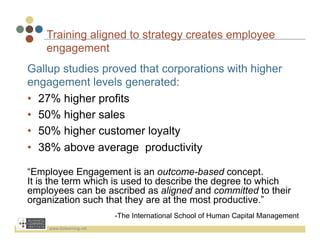 Training aligned to strategy creates employee
    engagement
Gallup studies proved that corporations with higher
engagement levels generated:
•  27% higher profits
•  50% higher sales
•  50% higher customer loyalty
•  38% above average productivity

“Employee Engagement is an outcome-based concept.
It is the term which is used to describe the degree to which
employees can be ascribed as aligned and committed to their
organization such that they are at the most productive.”
                               -The International School of Human Capital Management
     www.bizlearning.net	
  
 
