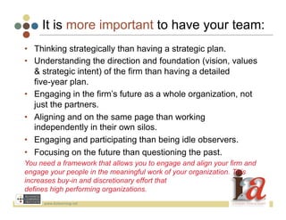 It is more important to have your team:
•  Thinking strategically than having a strategic plan.
•  Understanding the direction and foundation (vision, values
   & strategic intent) of the firm than having a detailed
   five-year plan.
•  Engaging in the firm’s future as a whole organization, not
   just the partners.
•  Aligning and on the same page than working
   independently in their own silos.
•  Engaging and participating than being idle observers.
•  Focusing on the future than questioning the past.
You need a framework that allows you to engage and align your firm and
engage your people in the meaningful work of your organization. This
increases buy-in and discretionary effort that
defines high performing organizations.
     www.bizlearning.net	
  
 