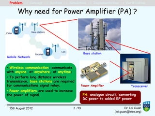 Why need for Power Amplifier (PA) ?
Problem -> Concept -> System -> Simulation -> Implementation -> Verification
Mobile Network
Base station
/1915th August 2012 3
PA: analogue circuit, converting
DC power to added RF power
PA: analogue circuit, converting
DC power to added RF power
Mobile Network
TransceiverPower Amplifier
• Wireless communication: communicate
with anyone, at anywhere, at anytime;
• To perform long distance wireless
transmission, base stations are required
for communications signal relay;
• Power amplifiers are used to increase
the power of signal.
• Wireless communication: communicate
with anyone, at anywhere, at anytime;
• To perform long distance wireless
transmission, base stations are required
for communications signal relay;
• Power amplifiers are used to increase
the power of signal.
Dr. Lei Guan
(lei.guan@ieee.org)
 