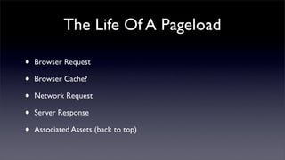 The Life Of A Pageload

•   Browser Request

•   Browser Cache?

•   Network Request

•   Server Response

•   Associated Assets (back to top)
 