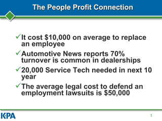 The People Profit Connection
It cost $10,000 on average to replace
an employee
Automotive News reports 70%
turnover is common in dealerships
20,000 Service Tech needed in next 10
year
The average legal cost to defend an
employment lawsuits is $50,000
1
 
