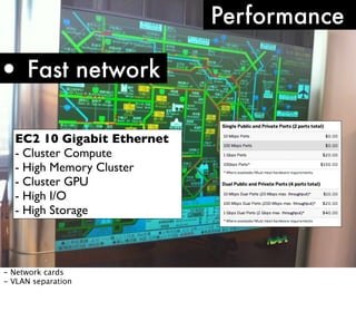 Performance

• Fast network
EC2 10 Gigabit Ethernet
- Cluster Compute
- High Memory Cluster
- Cluster GPU
- High I/O
- High Storage

- Network cards
- VLAN separation

 
