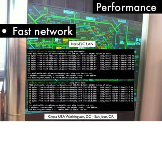 Performance

• Fast network
Inter-DC LAN

Cross USA Washington, DC - San Jose, CA

 
