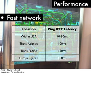Performance

• Fast network
Location

Ping RTT Latency

Within USA

40-80ms

Trans-Atlantic

100ms

Trans-Paciﬁc

150ms

Europe - Japan

300ms

Ping - low overhead
Important for replication

 
