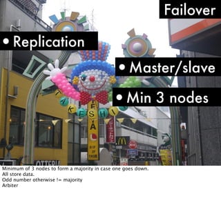 Failover

•Replication
•Master/slave
•Min 3 nodes

Minimum of 3 nodes to form a majority in case one goes down.
All store data.
Odd number otherwise != majority
Arbiter

 