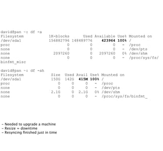 david@pan ~: df -a
Filesystem
/dev/sda1
proc
none
none
none
binfmt_misc
david@pan ~: df -ah
Filesystem
/dev/sda1
proc
none
none
none

1K-blocks
Used Available Use% Mounted on
156882796 148489776
423964 100% /
0
0
0
- /proc
0
0
0
- /dev/pts
2097260
0
2097260
0% /dev/shm
0
0
0
- /proc/sys/fs/

Size
150G
0
0
2.1G
0

- Needed to upgrade a machine
- Resize = downtime
- Resyncing ﬁnished just in time

Used Avail Use% Mounted on
142G 415M 100% /
0
0
- /proc
0
0
- /dev/pts
0 2.1G
0% /dev/shm
0
0
- /proc/sys/fs/binfmt_

 