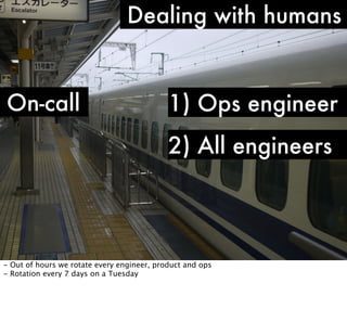 Dealing with humans

On-call

1) Ops engineer
2) All engineers

- Out of hours we rotate every engineer, product and ops
- Rotation every 7 days on a Tuesday

 