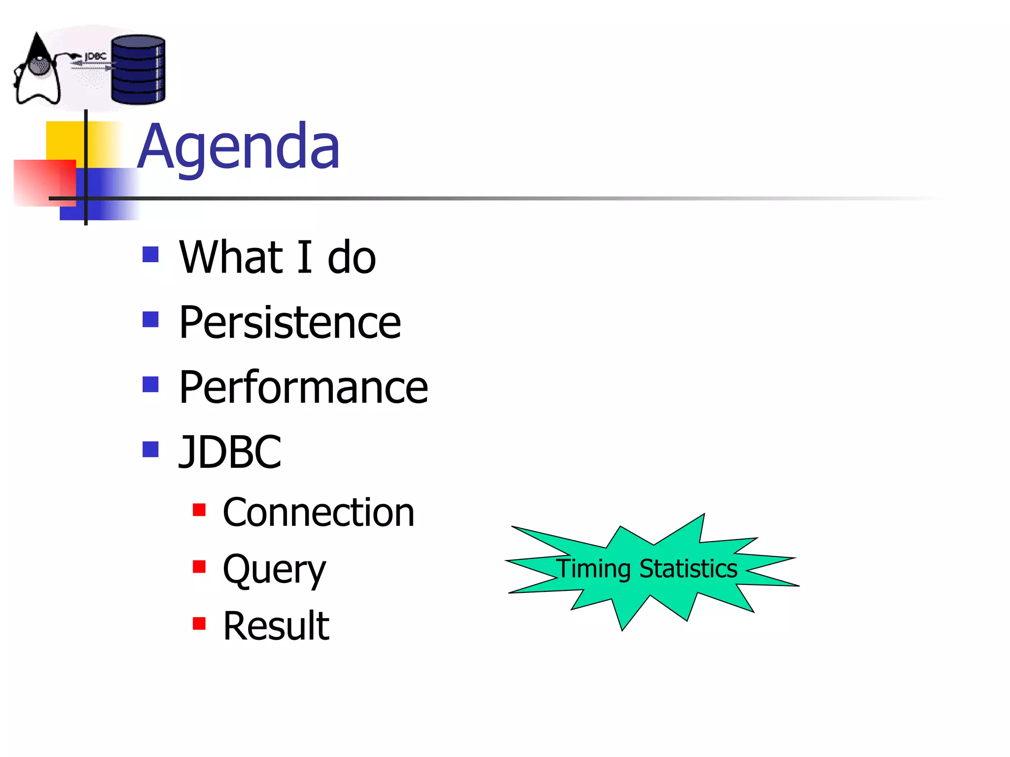 Agenda What I do Persistence Performance JDBC Connection Query Result Timing Statistics 