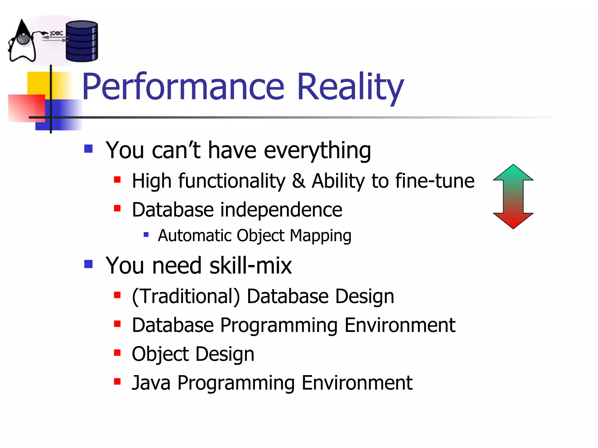 Performance Reality You can’t have everything High functionality & Ability to fine-tune  Database independence Automatic Object Mapping You need skill-mix (Traditional) Database Design Database Programming Environment Object Design Java Programming Environment 