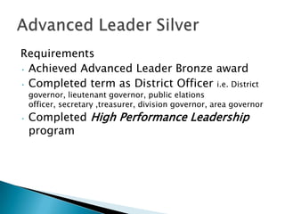 RequirementsAchieved Advanced Leader Bronze award