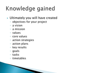 Part 1: Learning about LeadershipPart 2: Choosing your objectivePart 3: Winning Commitment to your ObjectivePart 4: Working the planPart 5: Analyzing and presenting your results5 Parts