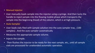 • Manual Injector
• User manually loads sample into the injector using a syringe. And then tums the
handle to inject sample into the flowing mobile phase which transports the
sample into the beginning (head) of the column, which is at high pressure.
• Auto Sampler
• User loads vials filed with sample solution into the auto sampler tray , (100
samples) . And the auto sampler automatically
• Measures the appropriate sample volume.
• Injects the sample.
• Then flushes the injector to be ready for the next sample, etc., until all sample
vials are processed for unattended automatic operation.
 