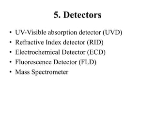 5. Detectors
• UV-Visible absorption detector (UVD)
• Refractive Index detector (RID)
• Electrochemical Detector (ECD)
• Fluorescence Detector (FLD)
• Mass Spectrometer
 