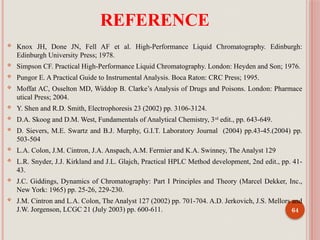64
REFERENCE
 Knox JH, Done JN, Fell AF et al. High-Performance Liquid Chromatography. Edinburgh:
Edinburgh University Press; 1978.
 Simpson CF. Practical High-Performance Liquid Chromatography. London: Heyden and Son; 1976.
 Pungor E. A Practical Guide to Instrumental Analysis. Boca Raton: CRC Press; 1995.
 Moffat AC, Osselton MD, Widdop B. Clarke’s Analysis of Drugs and Poisons. London: Pharmace
utical Press; 2004.
 Y. Shen and R.D. Smith, Electrophoresis 23 (2002) pp. 3106-3124.
 D.A. Skoog and D.M. West, Fundamentals of Analytical Chemistry, 3rd
edit., pp. 643-649.
 D. Sievers, M.E. Swartz and B.J. Murphy, G.I.T. Laboratory Journal (2004) pp.43-45.(2004) pp.
503-504
 L.A. Colon, J.M. Cintron, J.A. Anspach, A.M. Fermier and K.A. Swinney, The Analyst 129
 L.R. Snyder, J.J. Kirkland and J.L. Glajch, Practical HPLC Method development, 2nd edit., pp. 41-
43.
 J.C. Giddings, Dynamics of Chromatography: Part I Principles and Theory (Marcel Dekker, Inc.,
New York: 1965) pp. 25-26, 229-230.
 J.M. Cintron and L.A. Colon, The Analyst 127 (2002) pp. 701-704. A.D. Jerkovich, J.S. Mellors and
J.W. Jorgenson, LCGC 21 (July 2003) pp. 600-611.
 