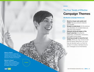 The Four Tenets of Effective
Campaign Themes
All effective campaign themes are:
1. Based on buyer pain points and
needs. Not your product’s features
and beneﬁts.
2. Simple to understand. As the previous
story illustrates, the simplest ideas are
often the most powerful.
3. Relevant during all stages of the
buyer’s journey. Including the
awareness, consideration, transaction,
and loyalty buying stages.
4. Enduring enough to stand the test
of time. While you may choose to test
themes before rolling them out, once
they are decided upon, run them for
at least 12 months. It will take time for
your messages to be remembered.
HIGH-PERFORMANCE MARKETING PLAN | STEP 3 | 9
What Isn’t a Theme?
Taglines, creative concepts or
customer communications. Rather,
they are the ideas that will inform
the creation of future content.
What Is a Theme?
Ideas that unify and underlie your
marketing communications. They are
what you want your prospects to think
about your company and products.
THEMES
 
