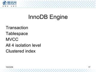InnoDB Engine Transaction Tablespace MVCC All 4 isolation level Clustered index 