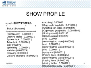 SHOW PROFILE mysql>  SHOW PROFILE; +------------------------+-----------+ | Status | Duration | +------------------------+-----------+ | (initialization) | 0.000005 | | Opening tables | 0.000033 | | System lock | 0.000037 | | Table lock | 0.000024 | | init | 0.000079 | | optimizing | 0.000024 | | statistics | 0.000079 | | preparing | 0.00003 | | Creating tmp table | 0.000124 | | executing | 0.000008 | | Copying to tmp table | 0.010048 | | Creating sort index | 0.004769 | | Copying to group table | 0.0084880 | | Sorting result | 0.001136 | | Sending data | 0.000925 | | end | 0.00001 | | removing tmp table | 0.00004 | | end | 0.000005 | | removing tmp table | 0.00001 | | end | 0.000011 | | query end | 0.00001 | | freeing items | 0.000025 | | removing tmp table | 0.00001 | | freeing items | 0.000016 | | closing tables | 0.000017 | | logging slow query | 0.000006 | +------------------------+-----------+ 