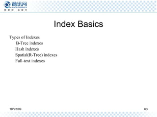 Index Basics Types of Indexes B-Tree indexes Hash indexes Spatial(R-Tree) indexes Full-text indexes 