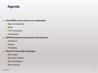 Agenda 
 How DPDK can be used for your Application 
 Basic Architectures 
 IPsec 
 TCP Termination 
 Virtualization 
 DPDK Ecosystem boosting your Development 
 Extensions 
 Support 
 Packaging 
 Meet the Community Challenges 
 More Users 
 More NIC Vendors 
 More Developers 
 More Patches 
©6WIND 2014 2 
 