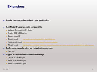 Extensions 
 Can be transparently used with your application 
 Poll Mode Drivers for multi-vendor NICs 
 Mellanox ConnectX-3® EN Series 
 Emulex OCE14000 series 
 Cavium LiquidIO 
 Cisco (rumor) http://dpdk.org/ml/archives/dev/2014-May/002866.html 
 Netronome (rumor) http://www.netronome.com/network-functions-virtualization 
 Tilera (rumor) http://www.tilera.com/about_tilera/press-releases/tileras-tile-iq-technology-accelerates-applications-3-5x-reducing-power- 
 Performance acceleration for virtualized networking 
 Fast vNIC 
 Crypto acceleration modules that leverage 
 Cavium NITROX Crypto 
 Intel® Multi-Buffer Crypto 
 Intel® QuickAssist Crypto 
©6WIND 2014 23 
 