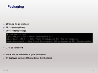Packaging 
 2012: zip file on intel.com 
 2013: git on dpdk.org 
 2014: Fedora package 
# yum search dpdk 
dpdk.x86_64 : Data Plane Development Kit 
dpdk-devel.x86_64 : Data Plane Development Kit for development 
dpdk-doc.noarch : Data Plane Development Kit programming API documentation 
 … to be continued 
 DPDK can be embedded in your application 
 Or deployed as shared library (Linux distributions) 
©6WIND 2014 26 
 