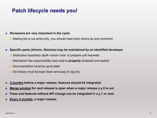 Patch lifecycle needs you! 
 Reviewers are very important in the cycle 
 Mailing list is not write-only, you should read what others do and comment 
 Specific parts (drivers, libraries) may be maintained by an identified developer 
 Dedicated repository dpdk-<area>-next to prepare pull requests 
 Maintainer has responsibility that code is properly reviewed and tested 
 Documentation must be up-to-date 
 Git history must be kept clean and easy to dig into 
 2 months before a major release, features should be integrated 
 Merge window for next release is open when a major release x.y.0 is out 
 Fixes and features without API change can be integrated in x.y.1 or next 
 Every 4 months, a major release 
©6WIND 2014 34 
 