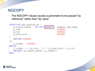 NOCOPYThe NOCOPY clause causes a parameter to be passed “by reference” rather than “by value” 