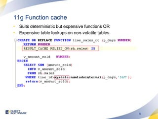 11g Function cacheSuits deterministic but expensive functions ORExpensive table lookups on non-volatile tables