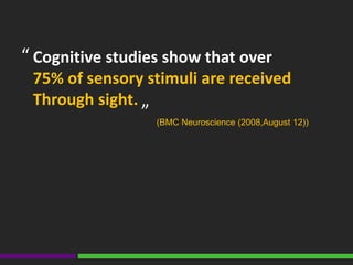 Cognitive studies show that over
75% of sensory stimuli are received
Through sight.
(BMC Neuroscience (2008,August 12))
“
“
 