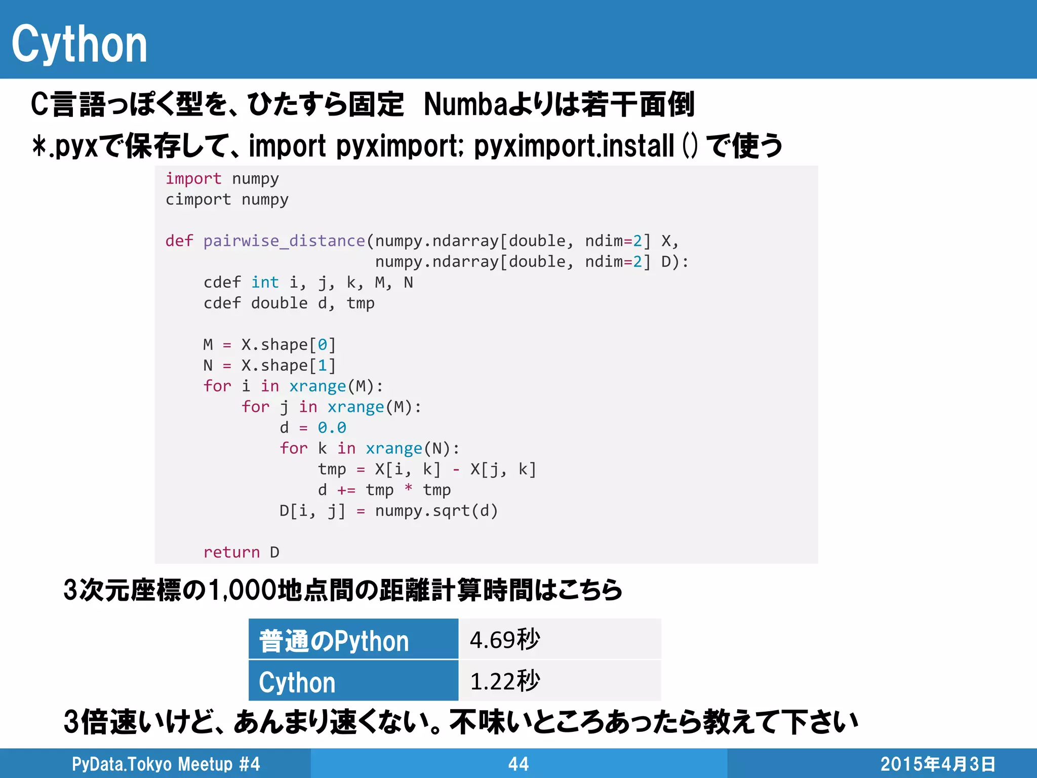 Cython
3倍速いけど、あんまり速くない。不味いところあったら教えて下さい
2015年4月3日PyData.Tokyo Meetup #4 44
import numpy
cimport numpy
def pairwise_distance(numpy.ndarray[double, ndim=2] X,
numpy.ndarray[double, ndim=2] D):
cdef int i, j, k, M, N
cdef double d, tmp
M = X.shape[0]
N = X.shape[1]
for i in xrange(M):
for j in xrange(M):
d = 0.0
for k in xrange(N):
tmp = X[i, k] - X[j, k]
d += tmp * tmp
D[i, j] = numpy.sqrt(d)
return D
C言語っぽく型を、ひたすら固定 Numbaよりは若干面倒
*.pyxで保存して、import pyximport; pyximport.install()で使う
普通のPython 4.69秒
Cython 1.22秒
3次元座標の1,000地点間の距離計算時間はこちら
 