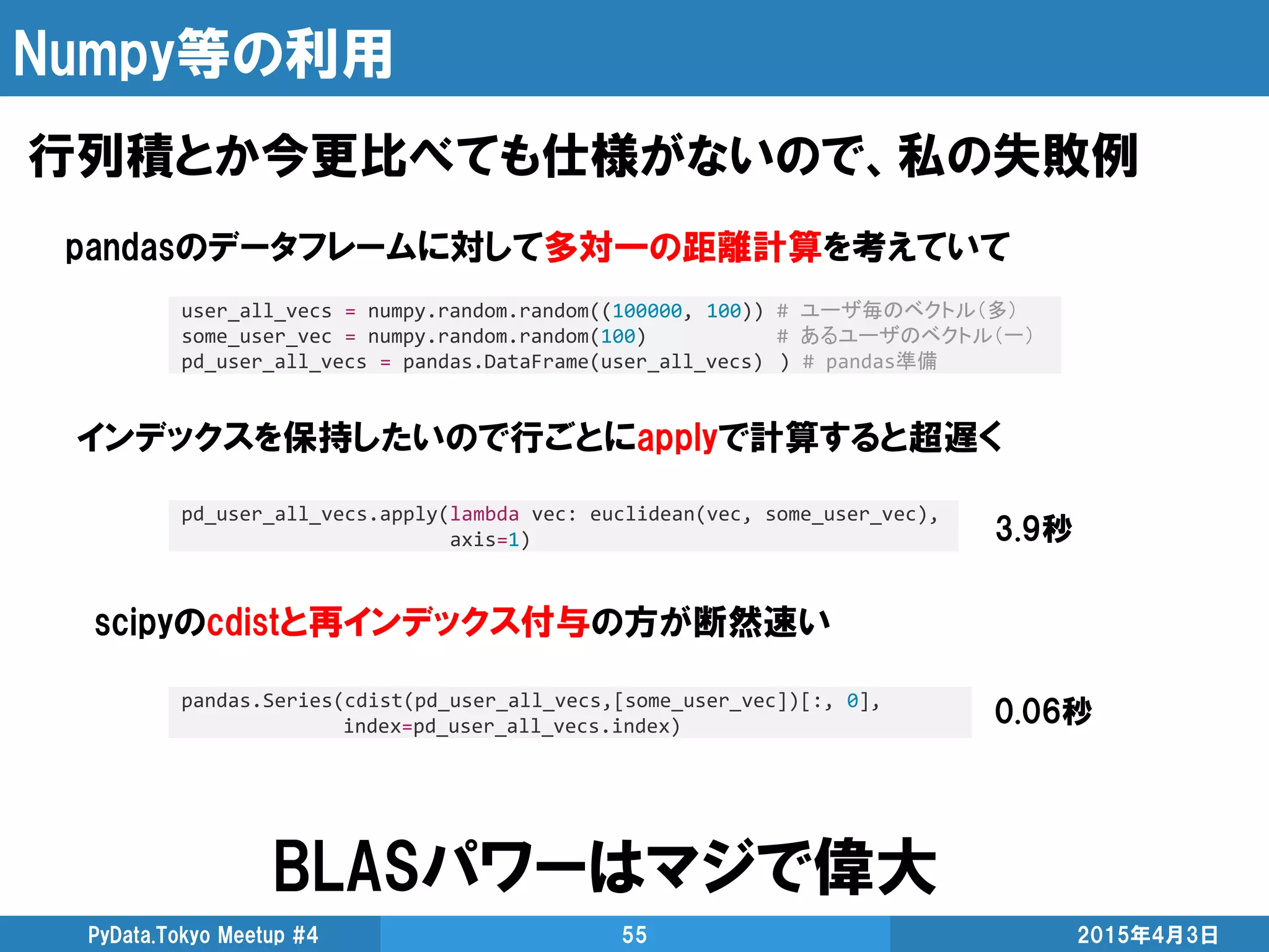 Numpy等の利用
行列積とか今更比べても仕様がないので、私の失敗例
2015年4月3日PyData.Tokyo Meetup #4 55
pandasのデータフレームに対して多対一の距離計算を考えていて
user_all_vecs = numpy.random.random((100000, 100)) # ユーザ毎のベクトル（多）
some_user_vec = numpy.random.random(100) # あるユーザのベクトル（一）
pd_user_all_vecs = pandas.DataFrame(user_all_vecs) ) # pandas準備
インデックスを保持したいので行ごとにapplyで計算すると超遅く
scipyのcdistと再インデックス付与の方が断然速い
pd_user_all_vecs.apply(lambda vec: euclidean(vec, some_user_vec),
axis=1)
pandas.Series(cdist(pd_user_all_vecs,[some_user_vec])[:, 0],
index=pd_user_all_vecs.index)
3.9秒
0.06秒
BLASパワーはマジで偉大
 
