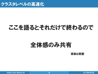 2015年4月3日PyData.Tokyo Meetup #4 18
ここを語るとそれだけで終わるので
全体感のみ共有
クラスタレベルの高速化
実装は割愛
 