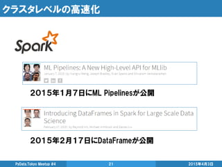 クラスタレベルの高速化
2015年4月3日PyData.Tokyo Meetup #4 21
２０１５年２月１７日にDataFrameが公開
２０１５年１月７日にML Pipelinesが公開
 