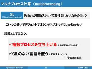 マルチプロセス計算 （multiprocessing）
Pythonが複数スレッドで実行されないためのロック
2015年4月3日PyData.Tokyo Meetup #4 25
GIL
（Global Interpreter Lock）
こいつのせいでデフォルトではシングルスレッドでしか動かない
複数プロセスを立ち上げる （multiprocessing）
GILのない言語を使う （マルチスレッド）
対策としては２つ、
今回は対象外
 