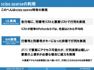 scipy.sparseの利用
2015年4月3日PyData.Tokyo Meetup #4 63
このへんはscipy.sparse特有の表現
LIL表現
（linked list sparse format）
各行毎に、列番号リストと要素リストで行列を表現
リストが標準のPythonならでは。性能はどれも平均的
dok表現
（Dictionary Of Keys based
sparse format）
行番号と列番号がキーになった辞書で行列を表現
O(1)で要素にアクセス可能だが、行列演算は厳しい
要素の上書きが必要な場合に威力を発揮
※要素アクセスは辞書型に比べ遅いので、行列にこだわらなければ辞書型で
 