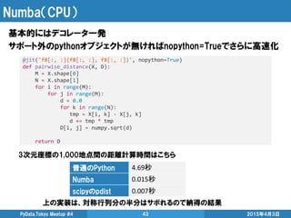 Numba（CPU）
基本的にはデコレータ一発
サポート外のpythonオブジェクトが無ければnopython=Trueでさらに高速化
2015年4月3日PyData.Tokyo Meetup #4 43
@jit('f8[:, :](f8[:...