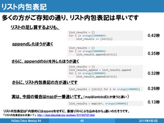 リスト内包表記
多くの方がご存知の通り、リスト内包表記は早いです
2015年4月3日PyData.Tokyo Meetup #4 49
list_results = []
for i in xrange(1000000):
list_resul...
