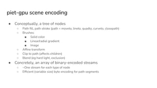 piet-gpu scene encoding
● Conceptually, a tree of nodes
○ Path ﬁll, path stroke (path = moveto, lineto, quadto, curveto, closepath)
○ Brushes:
■ Solid color
■ Linear/radial gradient
■ Image
○ Afﬁne transform
○ Clip to path (affects children)
○ Blend (eg hard light, exclusion)
● Concretely, an array of binary-encoded streams
○ ~One stream for each type of node
○ Efﬁcient (variable size) byte encoding for path segments
 