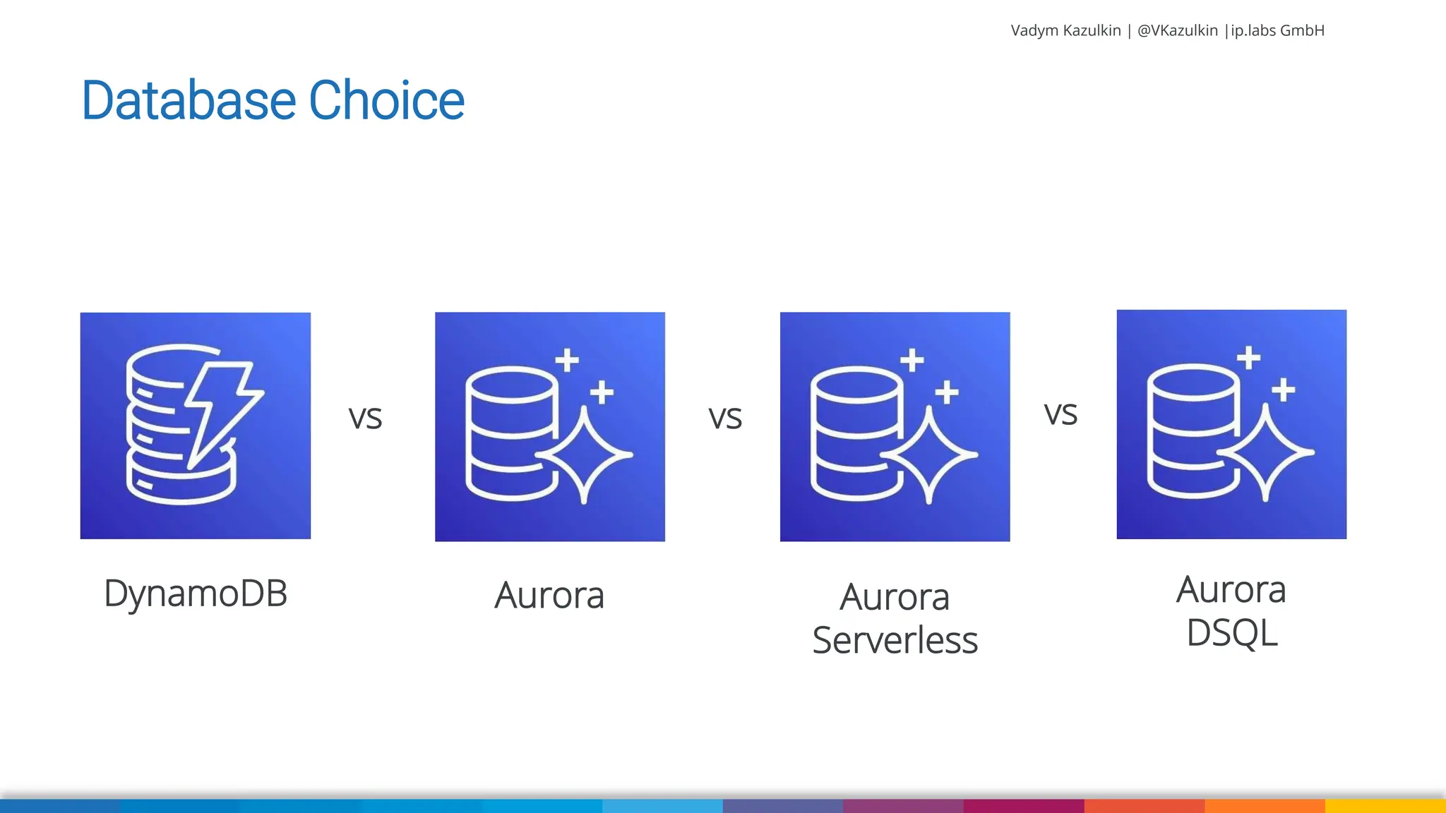 Vadym Kazulkin | @VKazulkin |ip.labs GmbH Database Choice DynamoDB Aurora Aurora Serverless vs vs vs Aurora DSQL 